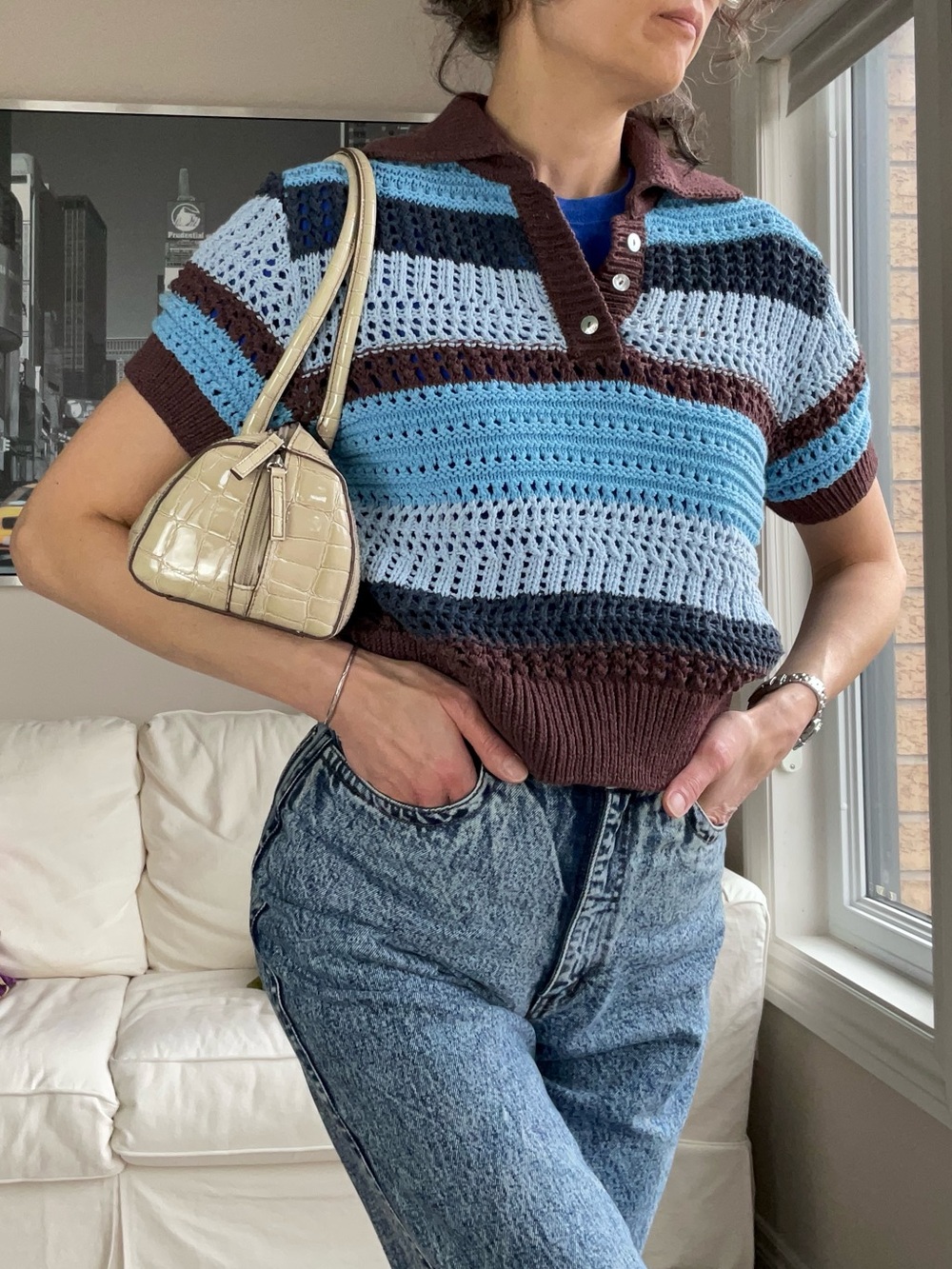 Zara crochet short sleeve striped top